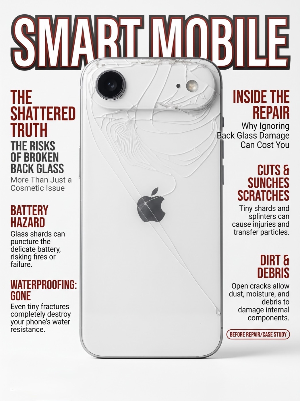 iPhone back glass before repair — shattered and cracked